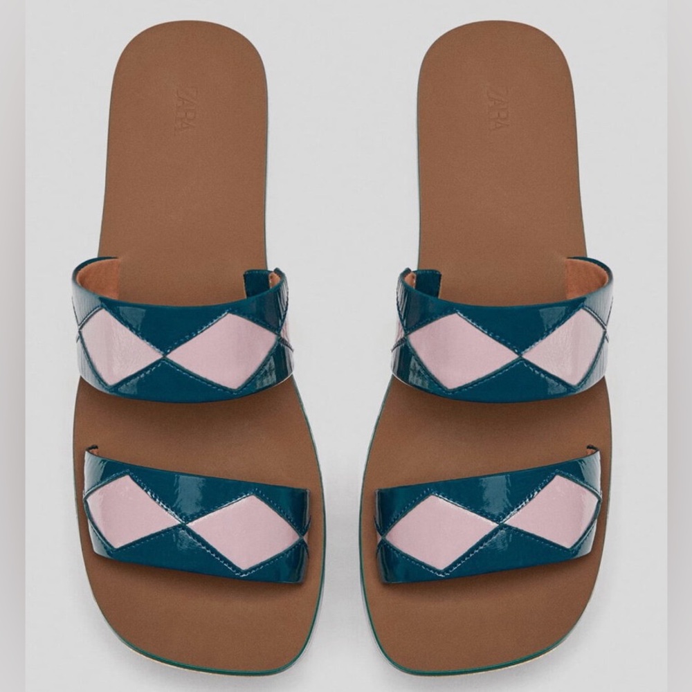 NIB Zara Studio Asian Style Leather Clogs Sandals Pink Dark Teal - Picture 2 of 8